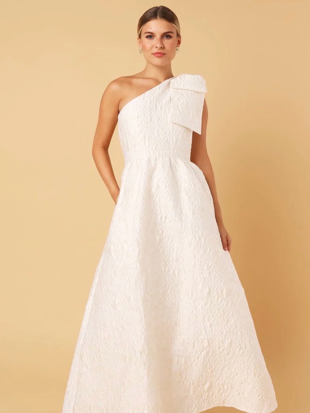 One-Shoulder White Textured A-Line Dress with Bow Detail